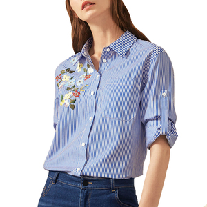 <span class=keywords><strong>Chemise</strong></span> décontractée à manches longues brodée à <span class=keywords><strong>rayures</strong></span> pour femmes - Product Image 2