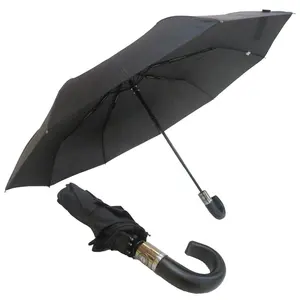 Marco de Material prémium a prueba de viento y lluvia, Paraguas automático de 9 varillas de cuero, mango de 23 "y eje de Metal recubierto de negro