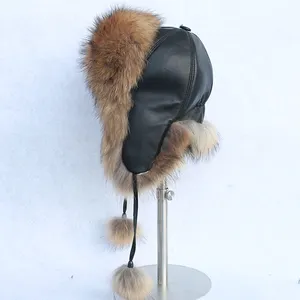 ushanka russian trapper hat raccoon fur with cattlehide leather and fur hat