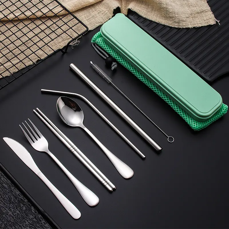 2023 Best Selling 9 pcs Reusable Lunch Cutlery Set/Stainless Steel Straws with Brush/Travel Camping Flatware Set Utensils