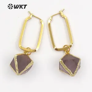 Pendientes con incrustaciones de aro de Metal rectangulares para mujer, arcoíris, fluorita, bañada en oro, WT-E450, piedra, joyería delicada