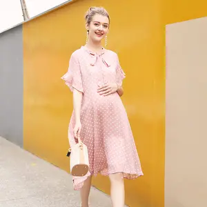 De gros robe de maternité enceintes jaune-Robe de maternité en mousseline Polyester, haute qualité, imprimée à pois, mode 100%