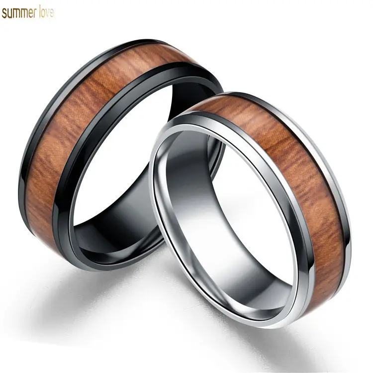 Valentines Day Vintage Silver Black Wood Grain Inlay Tungsten Ring Wedding Finger Stainless Steel Ring For Men Women Party Jewelry