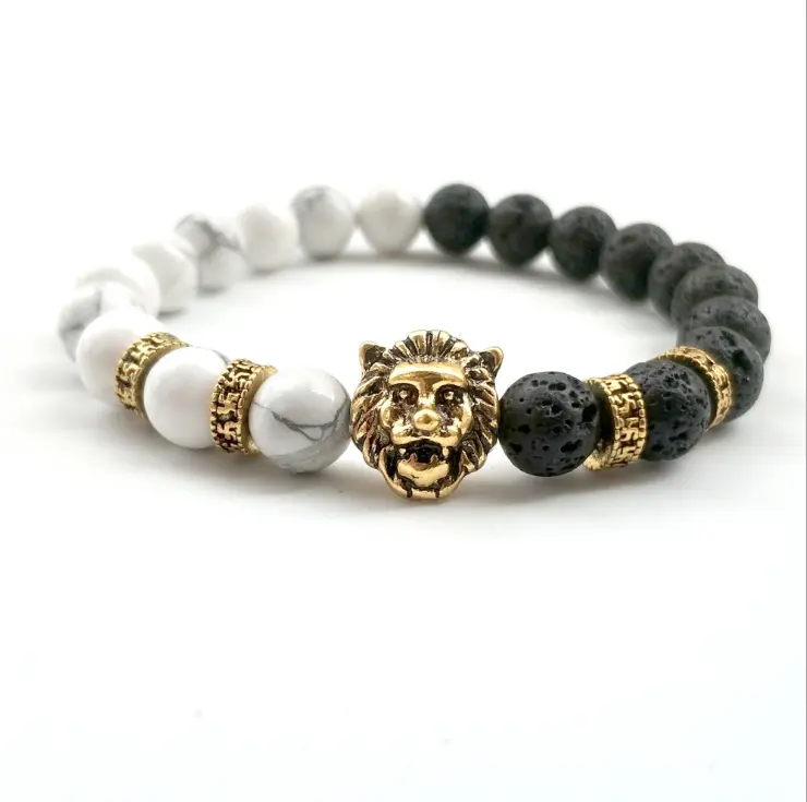 Antique Gold Lion Head Men Bracelet Volcano Lava Stone with Howlite Bracelet Women Men Fashion Bracelet Jewelry Animal