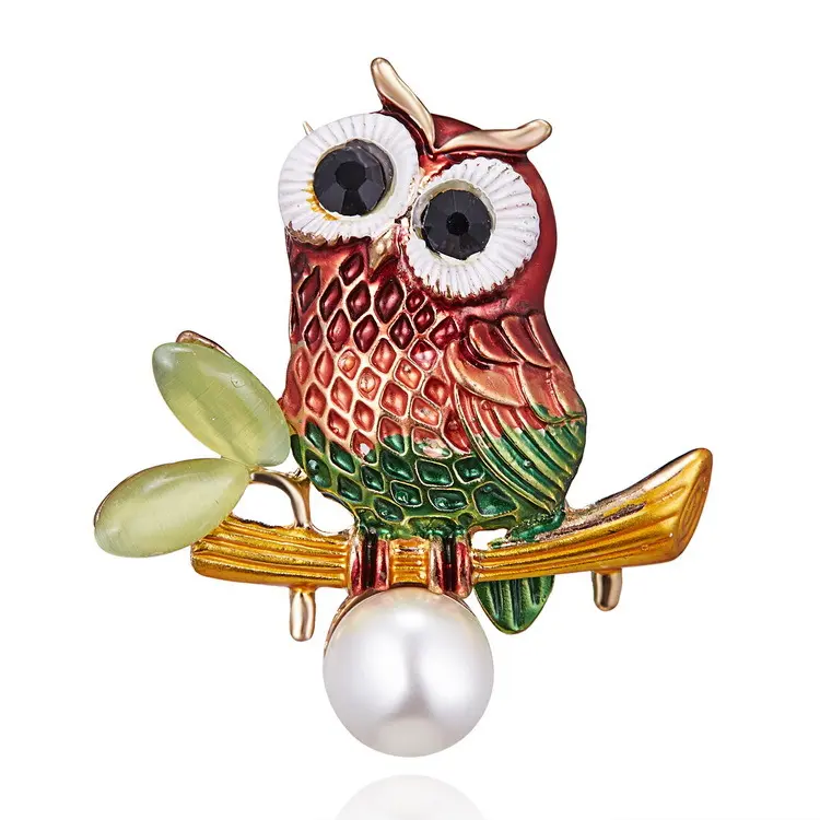 New Bird Jewelry Design Metal Enamel Colorful Owl Brooch With Pearl