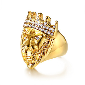 Bague de luxe Hip Hop pour homme, motif tête de lion, ornée de strass en cristal, couronne en or 18 carats - Product Image 1