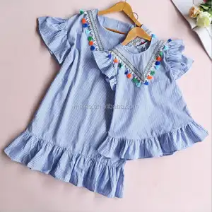 Q30217 Baby Girl Family Matching Clothes Mom And Daughter Dress Nine Quarter Stripe Tassel Mini Mother And Daughter Outfits