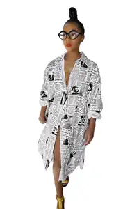 SACX047 סיטונאי אופנה עיתון מודפס סאטן ארוך מעיל חולצה שמלות loose אלגנטי גבירותיי מקרית חולצה