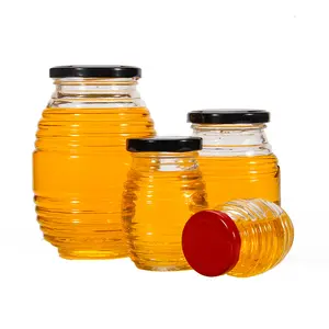 卸売 蜂蜜瓶180ミリリットル-100ml 180ml 380ml 730mlネジ付き蜂型ハニーガラスジャー、ネジ蓋付き、ファンシーな丸いネジ型ガラスボトルジャー