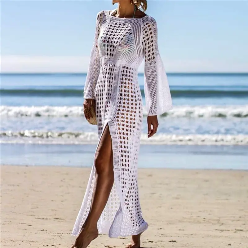 New Knitted Beach Cover up Maxi dress Tunic Long Pareos Crochet White Bikini Cover Ups