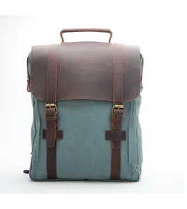 Luxury Vintage Canvas Real Leather Backpack Genuine Leather Washed Canvas Rucksack Style Backpacks with Laptop Compartment