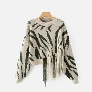 Women free size knitted sweater oem jacquard pullover streetwear fringe sweater