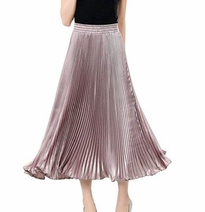 Rok Panjang Satin Band Elastis Wanita Rok Lipit Warna Kilau Metalik Berkilau A-Line dengan Rok Midi Retro Kelim Besar