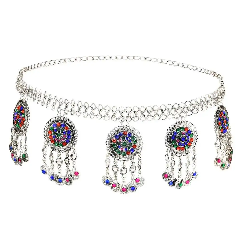 Bohemian Boho Vintage Silver Plated Inlay Rhinestone Coin Tassel Waist Belly Body Chain Women Jewelry