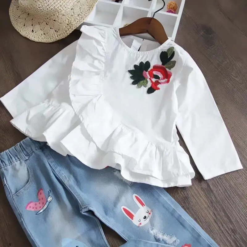 Blus Musim Gugur Bayi Perempuan Kemeja Anak-anak Kerut Putih untuk Pakaian Anak Perempuan Lengan Panjang Mode Pakaian Anak-anak Grosir Butik
