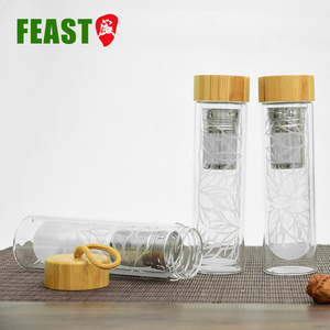 Botella de agua de vidrio para sublimación, tapa de bambú de borosilicato, doble pared, 400ml - Product Image 1