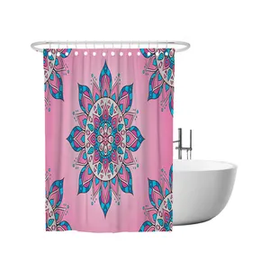 Cortina de baño impermeable de poliéster con ganchos, OEM, estampado personalizado, estilo Mandala, venta al por mayor