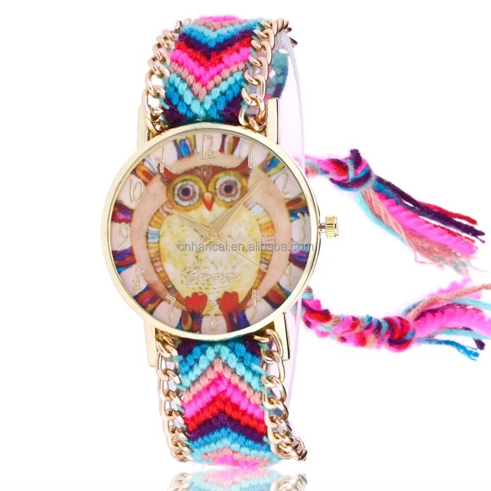 Rainbows Watch Women Ethnic Fashion Owl Wristwatch Hippie Lace Chain Braided Reloj Girl Vintage Geneva Style