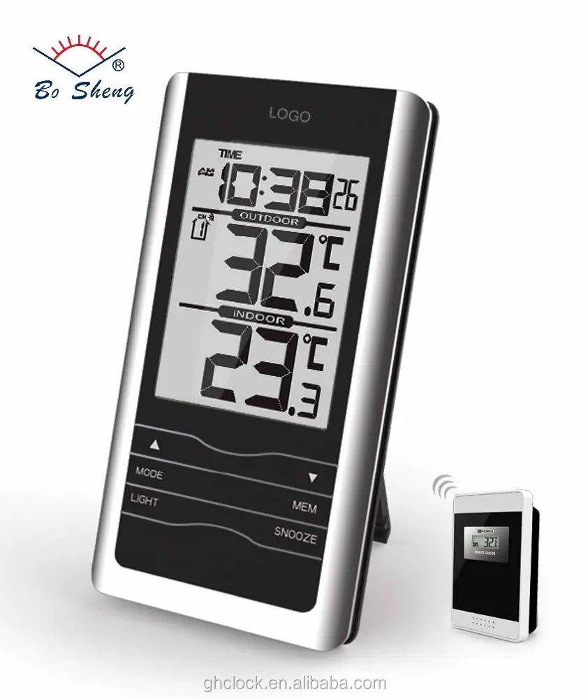 屋内屋外温度計時計433mhzワイヤレスデジタル電子温度計、LEDバックライト付きセンサー付き