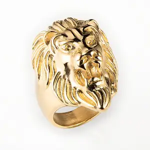 Bijoux animaux de mode personnalisés en gros Bague tête de lion en acier inoxydable plaqué or pour hommes