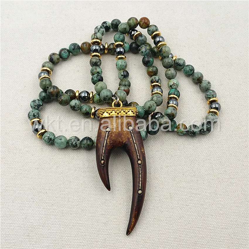 WT-N856 Wholesale Long beads 8mm Africa Turquoise Beads Necklace with Design Resin Pendant Beads Necklace 32" long