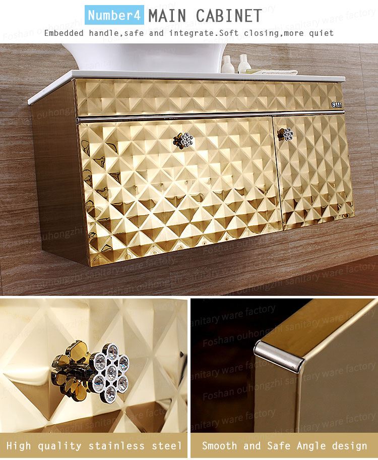 Luxury Royal Classic Gold Bathroom Waterproof Make Up Vanity Cabinet Units with Marble Countertop Single Sink for Home Furniture