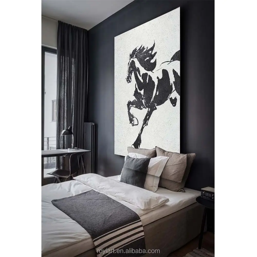 100% Handmade Modern Art Black and White Horse Painting