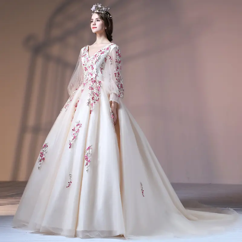 ZH0955E Retro courtly style women lace floral long sleeve long tail wedding dress v neck ball gown wedding gown