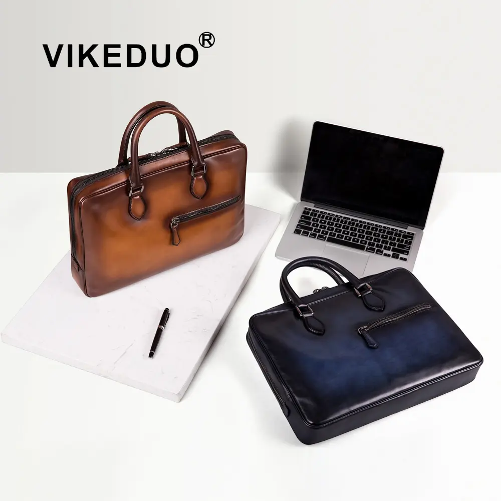 VIKEDUO Handmade Guangzhou Fashion 2019 Profile Meeting Business Bag Office Calf Leather Briefcase For Men
