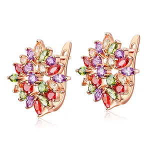 2018 Wholesale Women Fashion Earrings Jewellery Accessories Beautiful Colorful Clover Rose Gold Copper Zircon Stud Earring