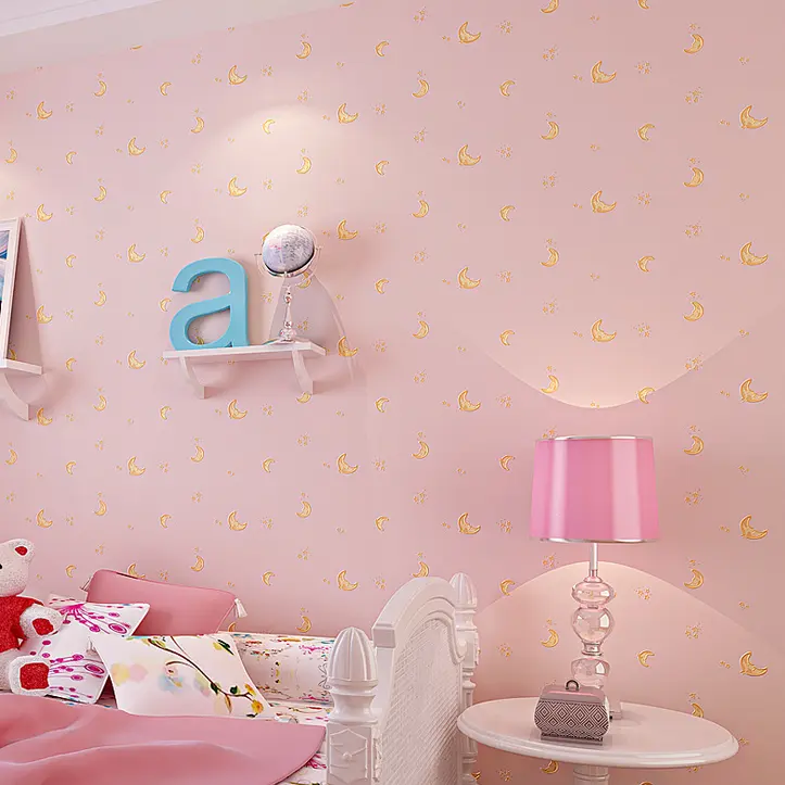 Decorazione della stanza dei bambini di colore rosa del fumetto stella e la luna di disegno non tessuto carta da parati della parete murale