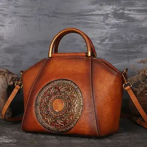 Tas kulit Tan sayuran 2020 tas Tote kulit asli berkualitas buatan tangan dengan tas tangan Totem