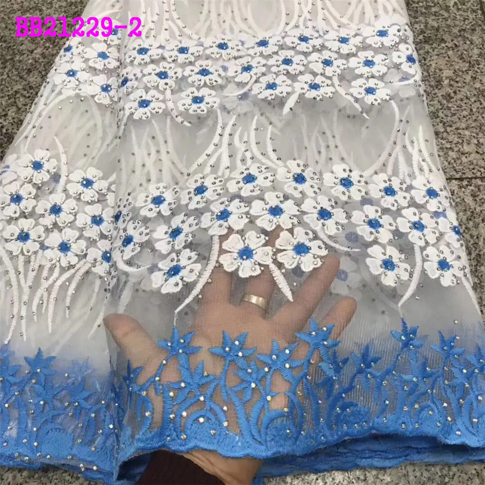 New design Fashion design Light blue french net lace with stones african lace materials lady dress fabric