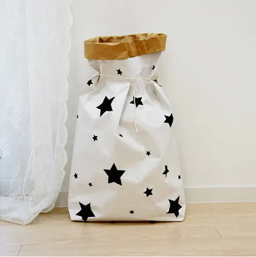 Custom print biodegradable Sustainable eco recycled white brown washable kraft paper toy storage bag for bedroom