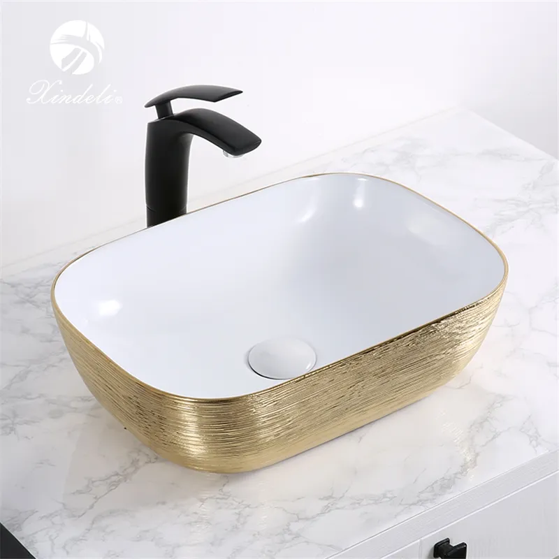 新製品長方形ホワイト電気メッキゴールドカウンタートップ洗面器色バスルーム洗面台シンク
