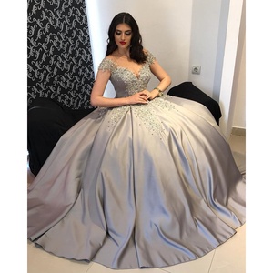 Bling Ball Gown Abito Da Sposa In Raso <span class=keywords><strong>Argento</strong></span> Abito Da Sposa Con Manica - Product Image 1