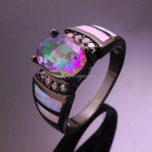 Venta caliente de la joyería negro oro pistola plateada oval cut Topacio místico Arco Iris colorido zirconia ópalo anillo - Product Image 1