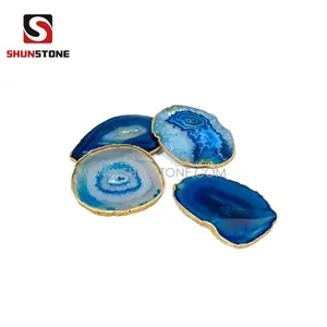 Natural Agate Slices Coasters Dyed Agate Stone Slab Polished Irregular Healing Crystal Decoration Table Coaster with Golden Rim