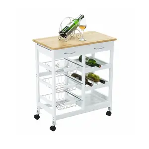 Pvc Houten Top Keuken Eiland Serveerwagen Draagbare Rollende Opslag Houten Trolley Voor Huismeubilair