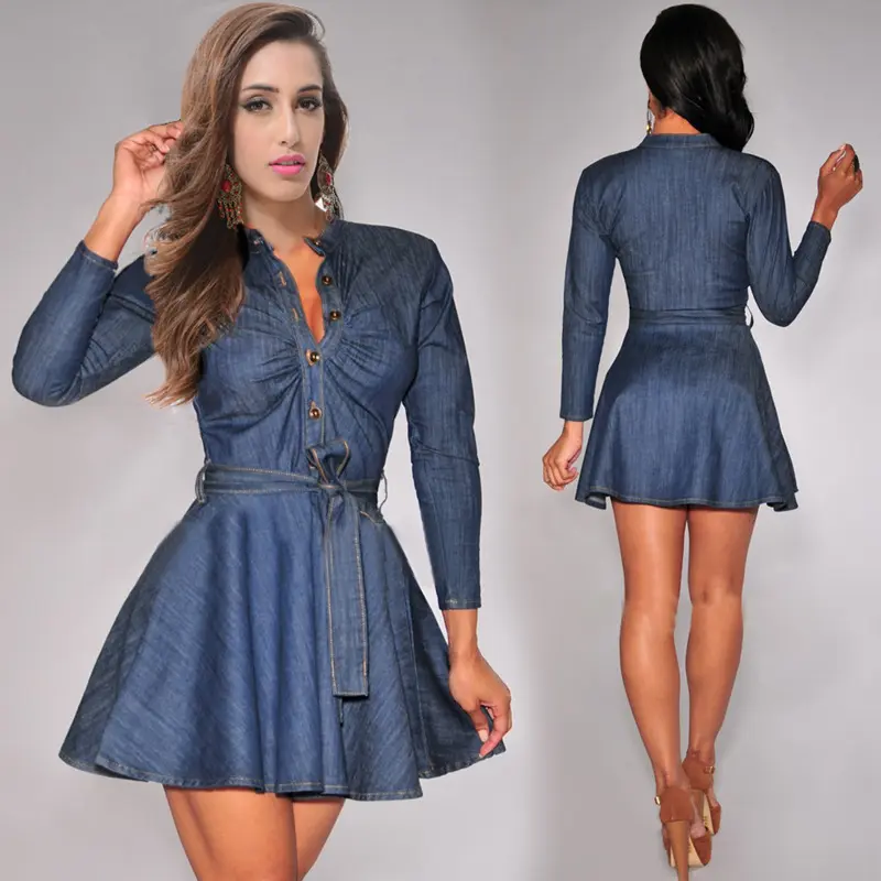 Ebay Chúc Hot Phong Cách Dài Tay Váy Jean Mùa Hè Phụ Nữ Hàng Ngày Váy Denim Giản Dị