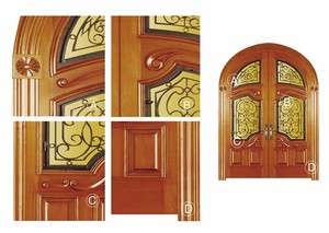 Nouvelle conception de porte d'entrée en <span class=keywords><strong>bois</strong></span> double avec décoration en fer forgé et vitrail, portes extérieures en <span class=keywords><strong>bois</strong></span> avec fer - Product Image 3