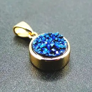Gold Plated 925 Sterling Silver Blue Drusy Jewelry Round Disc Druzy Pendant