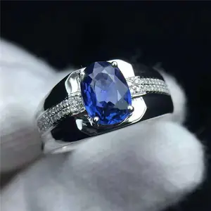 ¡Oferta! anillo de zafiro azul dorado grande de 18K para hombre