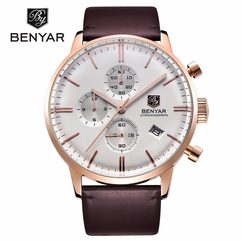 BENYAR 2720K Men Quartz Wristwatch Business Luxury Brand Date 3 Eyes Chronograph Leather Strap Wrist Watches Men