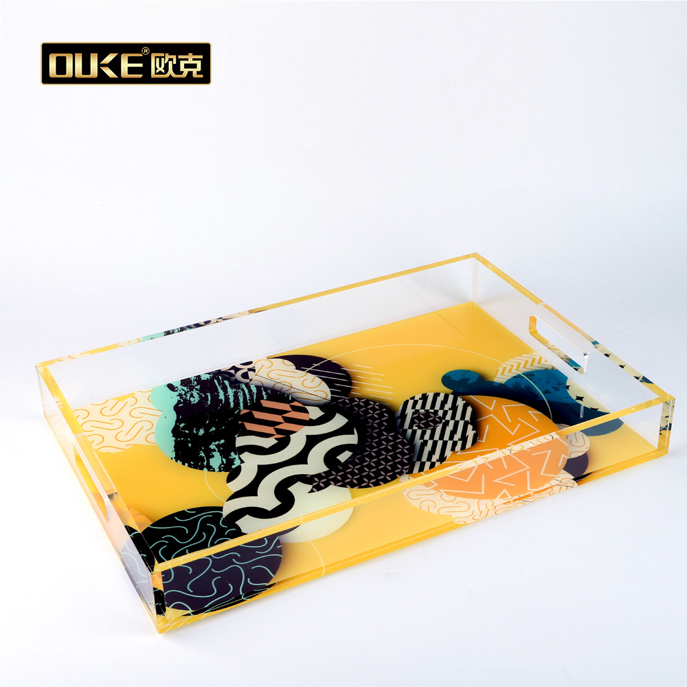 Оптовая продажа, пользовательский ПММА, оргстеклопластик, высокий прозрачный акриловый сервировочный лоток с ручками