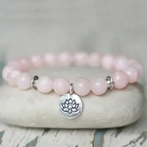 SN1600 8mm Rose Quartz Mala Jewelry Women Femme Lotus Charm Wrist Pink Beads Beaded Bracelet Lotus Flower