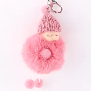 Cute Sleeping Baby Doll Key Chain Real Rex Rabbit Fur Keyring Fluffy Pom Pom Keychain for Bag Car Trinket Coin Holder Keychain