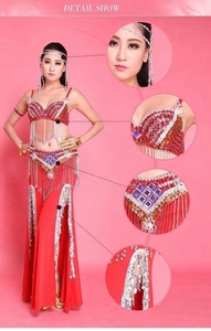 Bestdance 2/3 Fotos Sutiã + cinto Artesanal Frisado Dança do Ventre Conjuntos de Traje Top Saia Quadril Lenço 7 Cores - Product Image 6