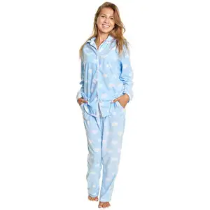 Großhandel Custom Womens leeping Kleidung Fleece Pyjama Set Print Weiche Frauen Nacht kleid