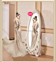 Contemporary Decorative White Silver Oval Wooden French European Style Full-Length Dressing Room Mirror Bedroom Floor Stand